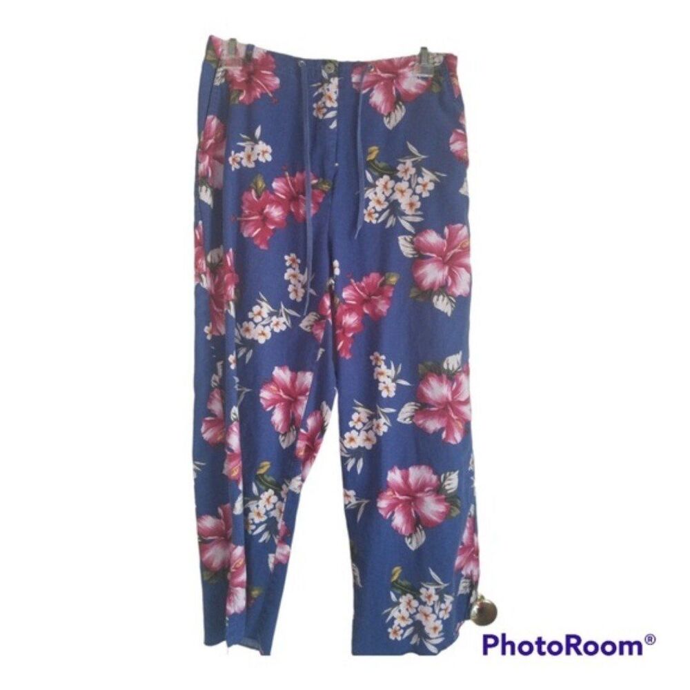 Oleg Cassini Blue Capris with Pink Hibiscus Flowers Size Med